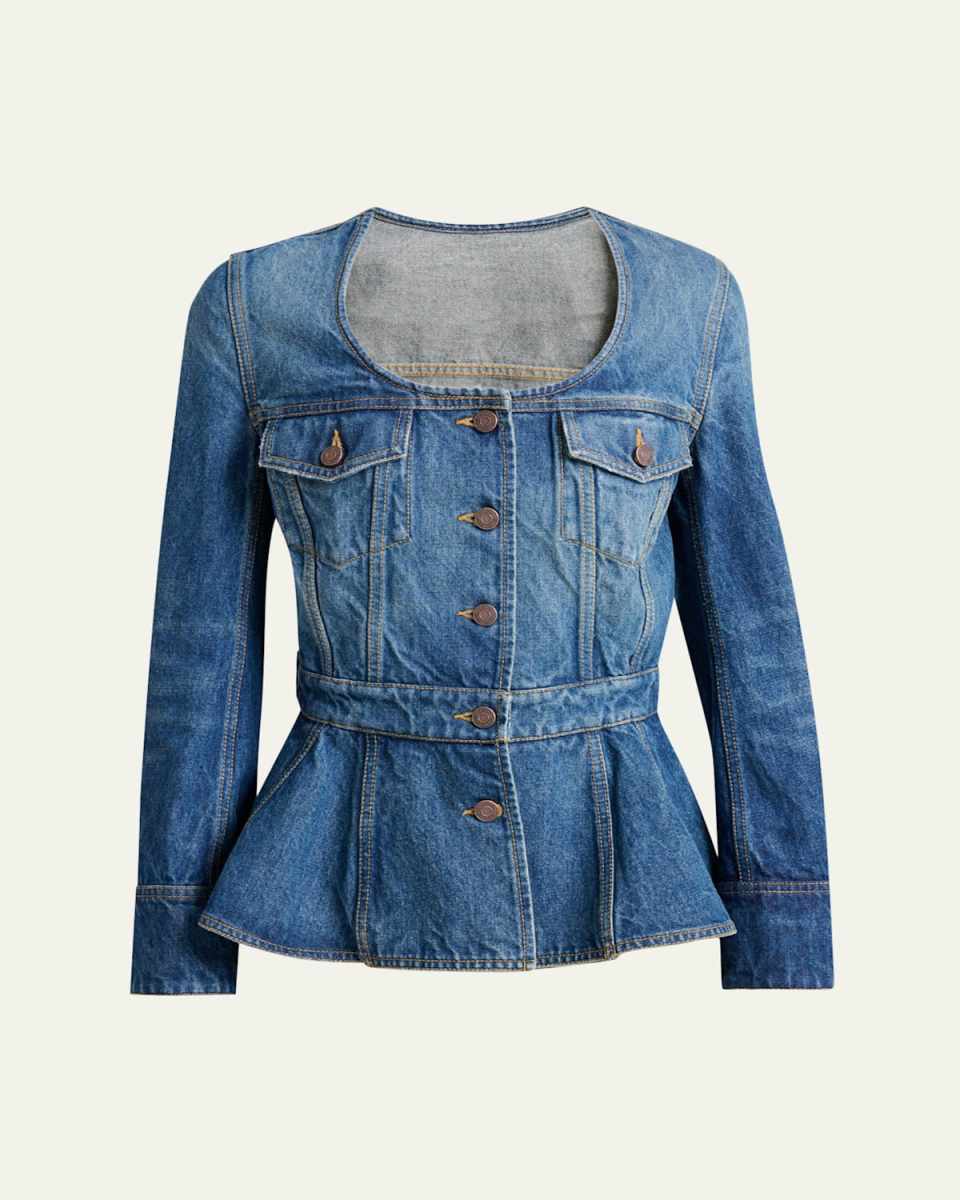 Long-Sleeve Denim Peplum Top